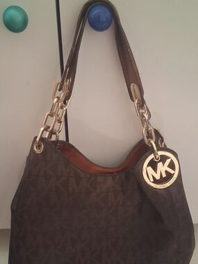 Michael Kors Brown Logo Shoulder Bag with Gold Hardware